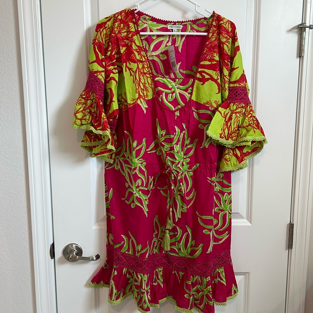 Sandra short bell sleeve hand embroidered, knee length dress with drawstring